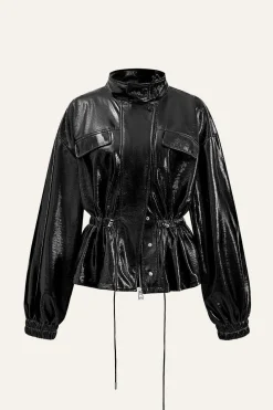 Faux Leather Drawstring Pocket Jacket