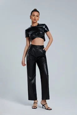 Faux Leather Elastic Waistband Straight Leg Pants