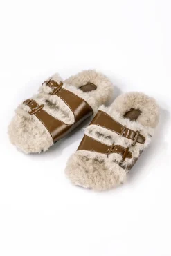 Faux Leather Faux Fur Slippers