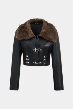 Faux Leather Fur Button Patchwork Jacket