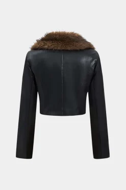 Faux Leather Fur Button Patchwork Jacket