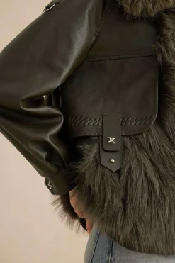 Faux Leather Fur Patchwork Coat