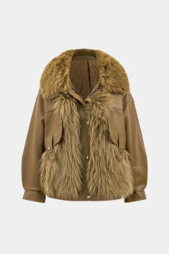 Faux Leather Fur Patchwork Coat