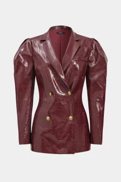Faux Leather Gigot Sleeve Double Breasted Blazer