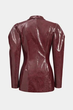 Faux Leather Gigot Sleeve Double Breasted Blazer