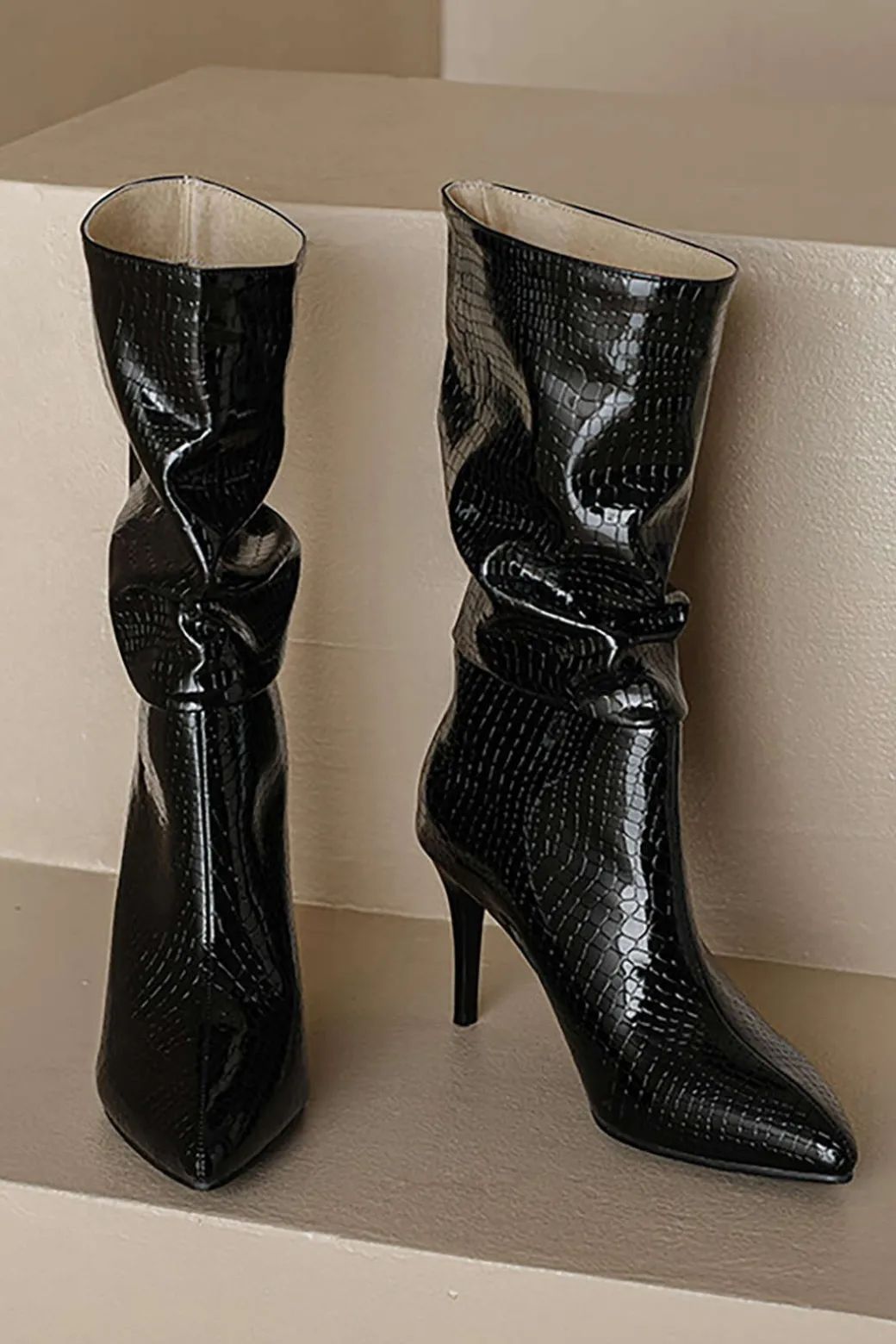 Faux Leather High Heel Pointed Ankle Boots