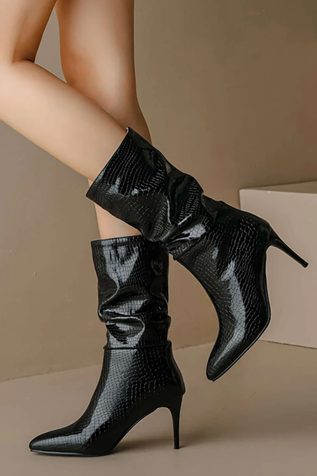 Faux Leather High Heel Pointed Ankle Boots