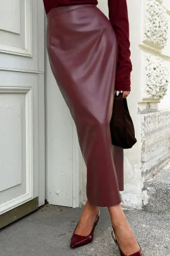 Faux Leather High Waist Slit Skirt