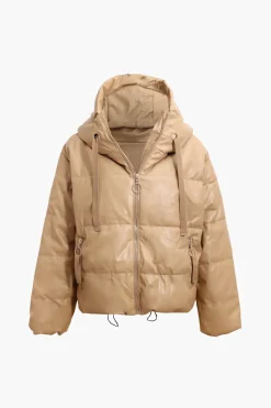 Faux Leather Hooded Puffer Jacket