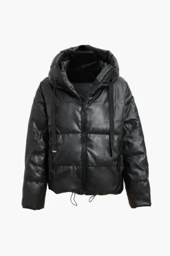 Faux Leather Hooded Puffer Jacket