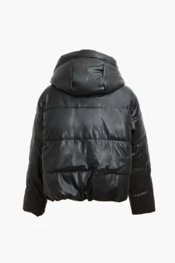 Faux Leather Hooded Puffer Jacket
