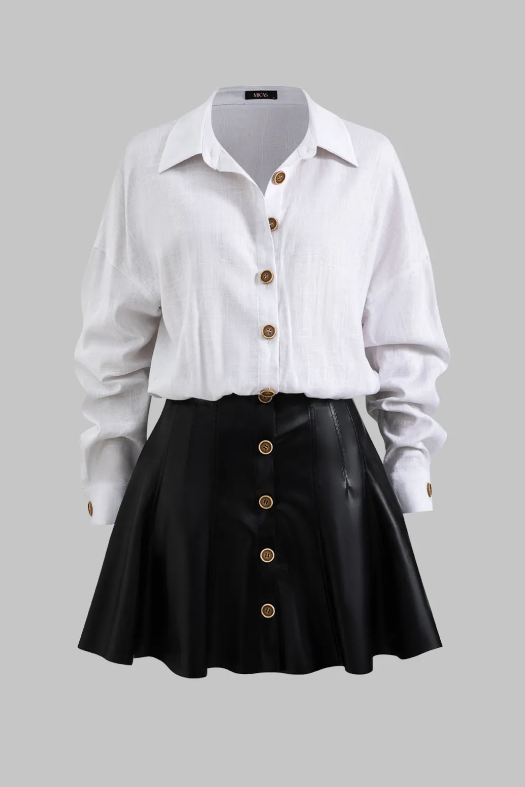 Faux Leather Linen Patchwork Button Long Sleeve Mini Dress