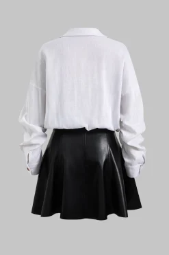 Faux Leather Linen Patchwork Button Long Sleeve Mini Dress