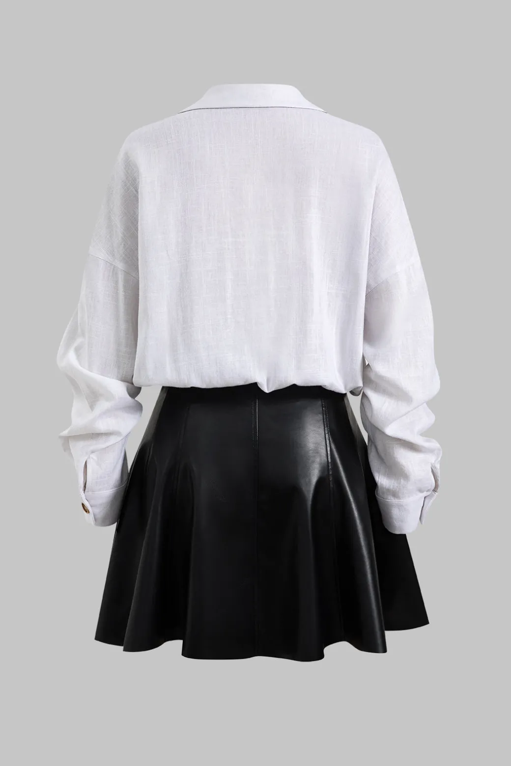 Faux Leather Linen Patchwork Button Long Sleeve Mini Dress