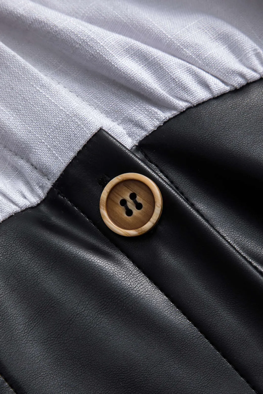 Faux Leather Linen Patchwork Button Long Sleeve Mini Dress