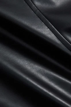 Faux Leather Linen Patchwork Button Long Sleeve Mini Dress