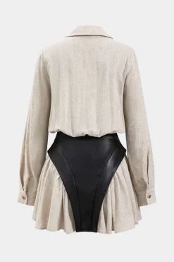Faux Leather Linen Tie Front Button Patchwork Long Sleeve Mini Dress