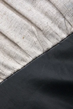 Faux Leather Linen Tie Front Button Patchwork Long Sleeve Mini Dress
