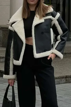 Faux Leather Long Sleeve Collar Jacket