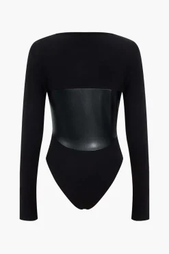 Faux Leather Long Sleeve Patchwork Bodysuit