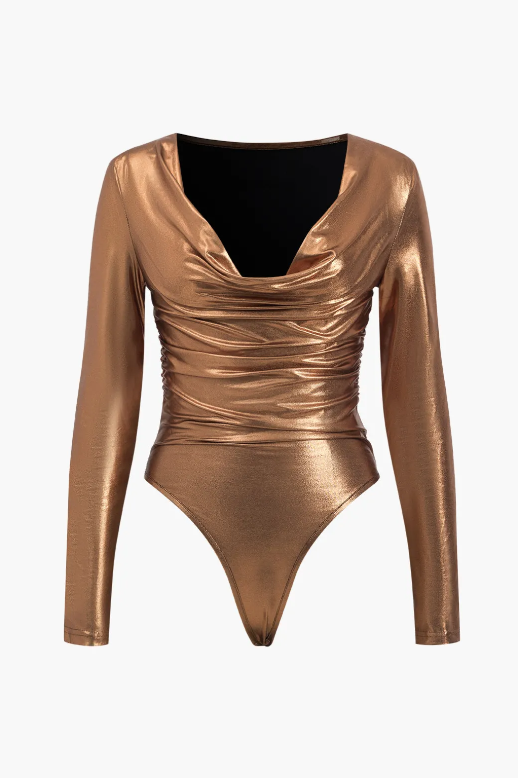Faux Leather Long Sleeve Cowl Neck Bodysuit