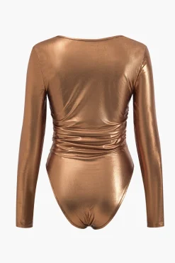 Faux Leather Long Sleeve Cowl Neck Bodysuit