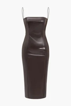 Faux Leather Low Back Slit Midi Dress