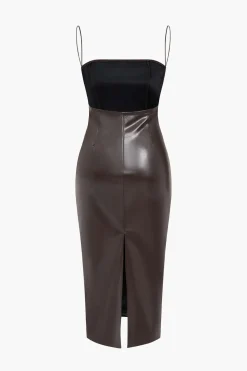 Faux Leather Low Back Slit Midi Dress