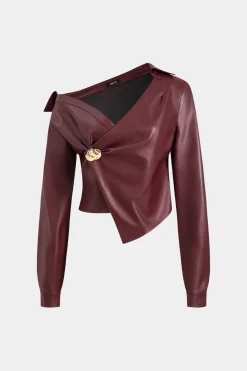 Faux Leather Metallic Asymmetrical Neck Long Sleeve Jacket