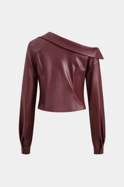 Faux Leather Metallic Asymmetrical Neck Long Sleeve Jacket