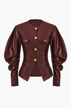 Faux Leather Metallic Button Jacket