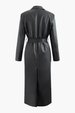 Faux Leather Notched Lapel Belted Trench Coat