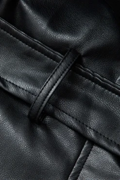 Faux Leather Notched Lapel Belted Trench Coat