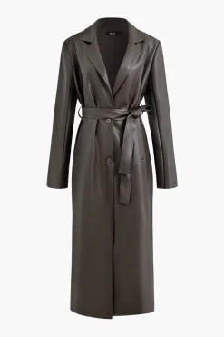 Faux Leather Notched Lapel Belted Trench Coat
