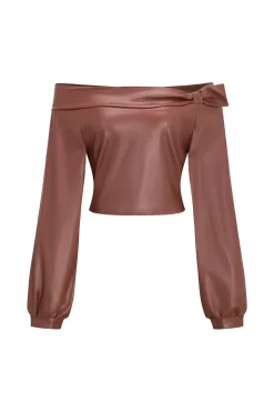 Faux Leather Off Shoulder Top And Wide Leg Trousers Set