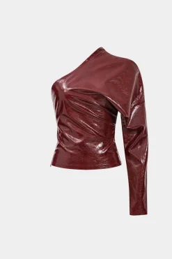 Faux Leather One Shoulder Asymmetrical Long-Sleeve Shirt