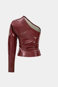 Faux Leather One Shoulder Asymmetrical Long-Sleeve Shirt