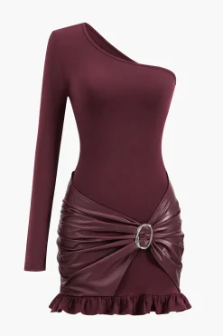 Faux Leather Patchwork Asymmetrical Long Sleeve Mini Dress