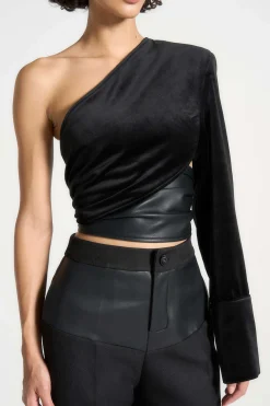 Faux Leather Patchwork Asymmetrical Long-Sleeve Top