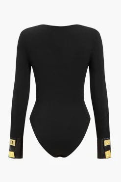Faux Leather Patchwork Button Bodysuit