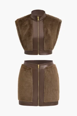 Faux Leather Patchwork Fur Skirt Set