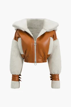 Faux Leather Patchwork Hooded Jacket