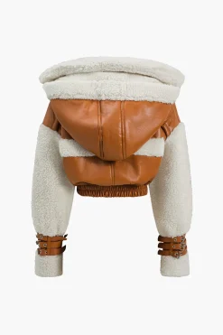 Faux Leather Patchwork Hooded Jacket
