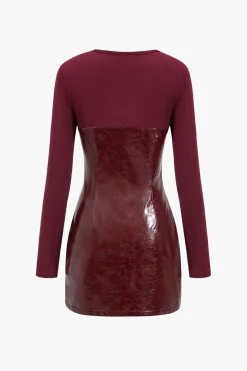 Faux Leather Patchwork Long Sleeve Round Neck Mini Dress