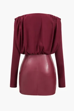 Faux Leather Patchwork Long Sleeve Draped Cowl Neck Mini Dress