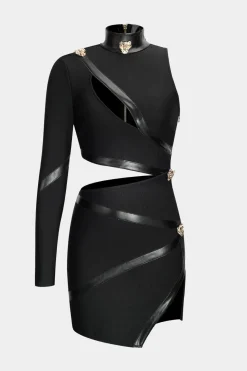 Faux Leather Patchwork Long Sleeve One Shoulder Cut Out Mini Dress