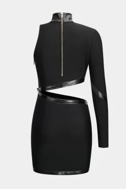 Faux Leather Patchwork Long Sleeve One Shoulder Cut Out Mini Dress