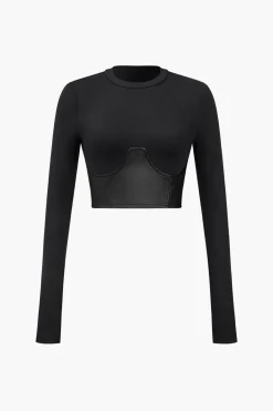 Faux Leather Patchwork Long-Sleeve Top