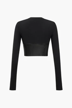 Faux Leather Patchwork Long-Sleeve Top