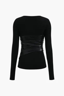 Faux Leather Patchwork Long-Sleeve Top